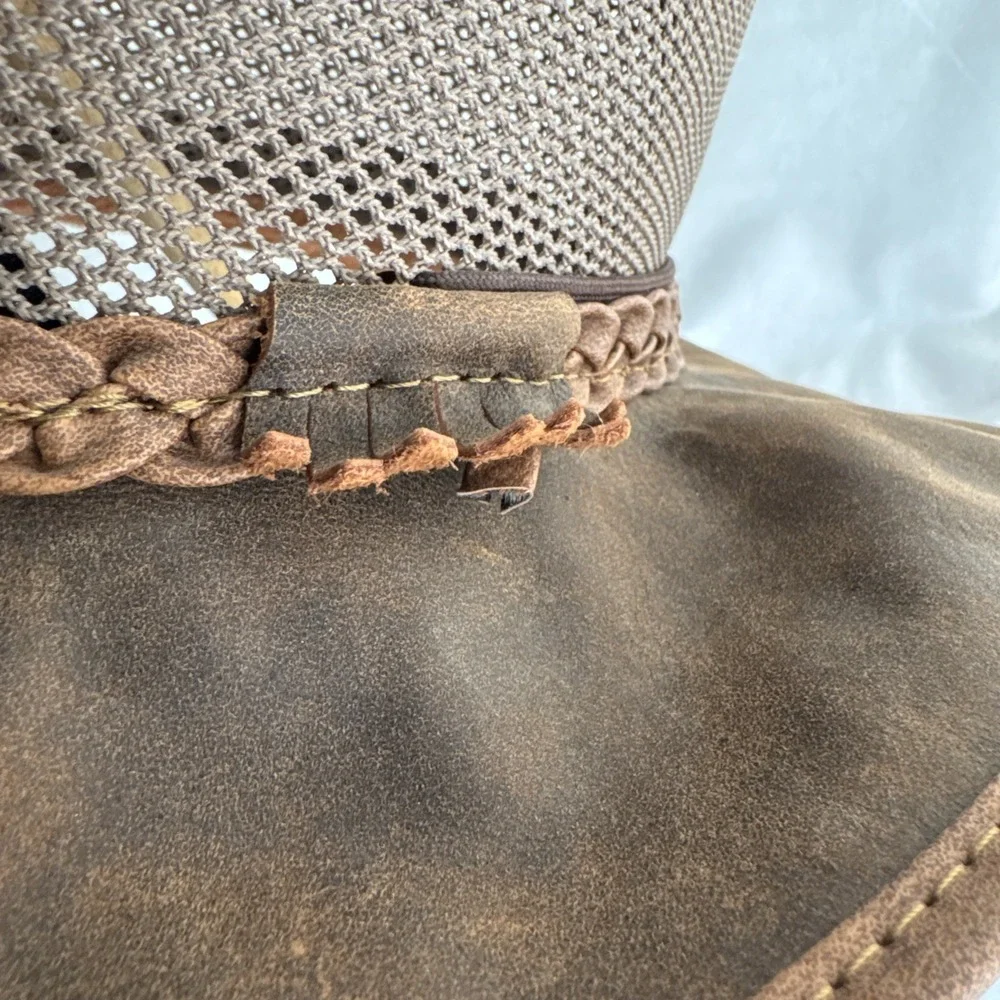 American Hat Makers Breeze Leather & Mesh Sun Hat Sz M Wide Brim UPF50 Chin Stir